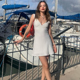 Fresh Sweet Deep V Plunge Polka Dot Stitching Ornament Hollow Out Cutout Out Strap Dress